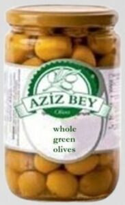 whole green olives in glass jars 